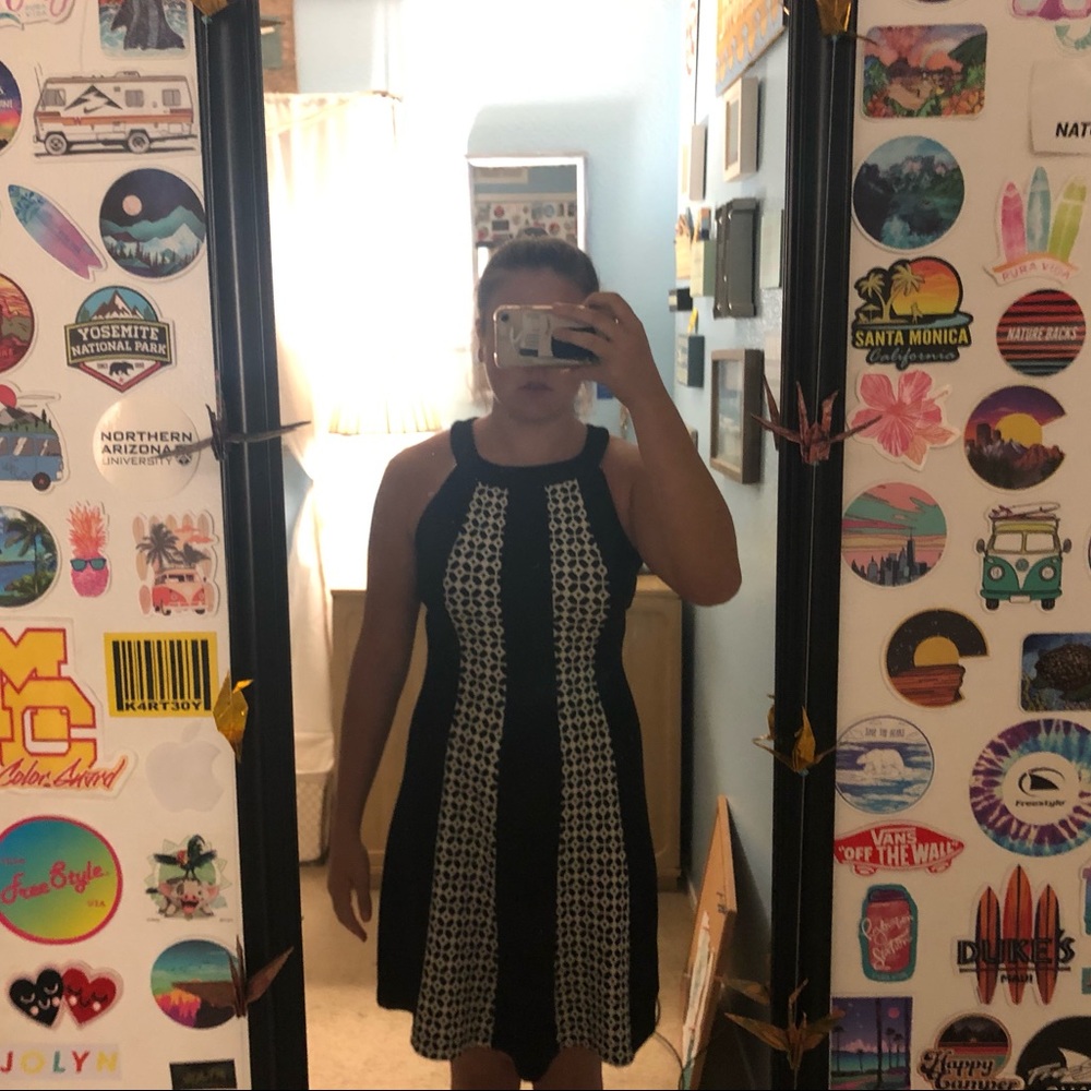 Black dress with black and white designs
